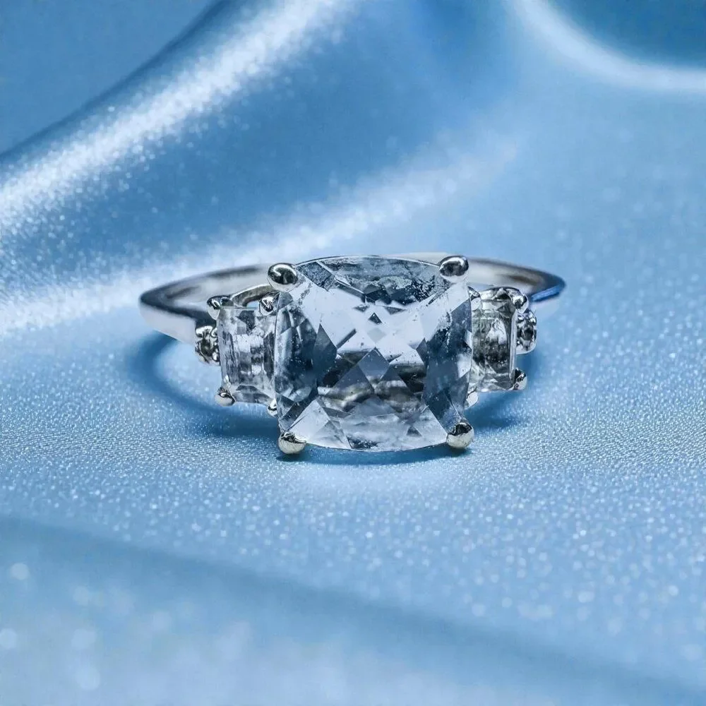 10K White Gold -Natural Aquamarine & Diamond Ring -Size 8- Cushion Cut- 1.5g